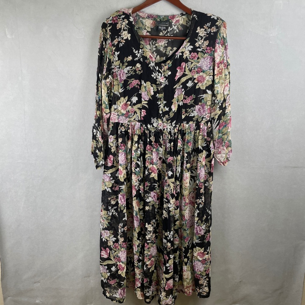VTG Starina Black‎ Floral Rayon Button Boho Whimsigoth Fairy Midi Dress S India